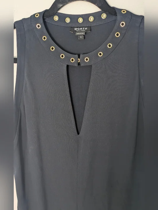 Worth Womens Gold Embellished Top Sleeveless Dark Navy Size S V-neck Office EUC - Picture 4 of 9